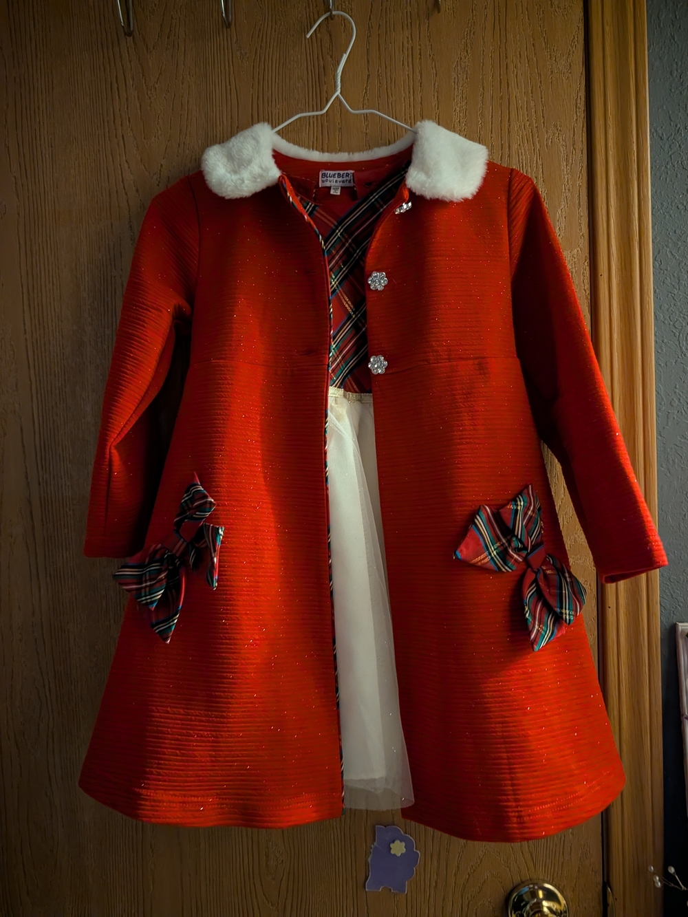 Blueberi Boulevard Red Girls' Holiday Coat with White Faux Fur Collar
